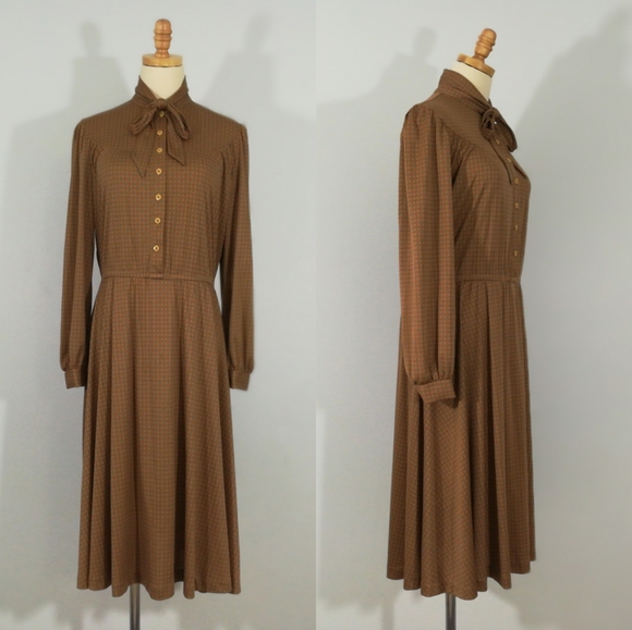 VINTAGE High Neck Tie Up Button Midi Long Dress - Picture 2 of 16